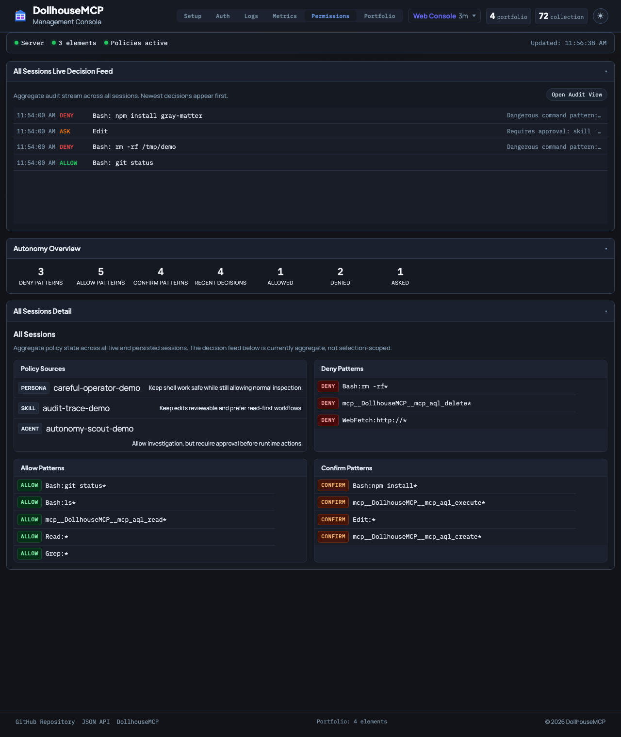 DollhouseMCP permissions tab showing active policy sources, allow and deny and confirm patterns, and a live decision feed.