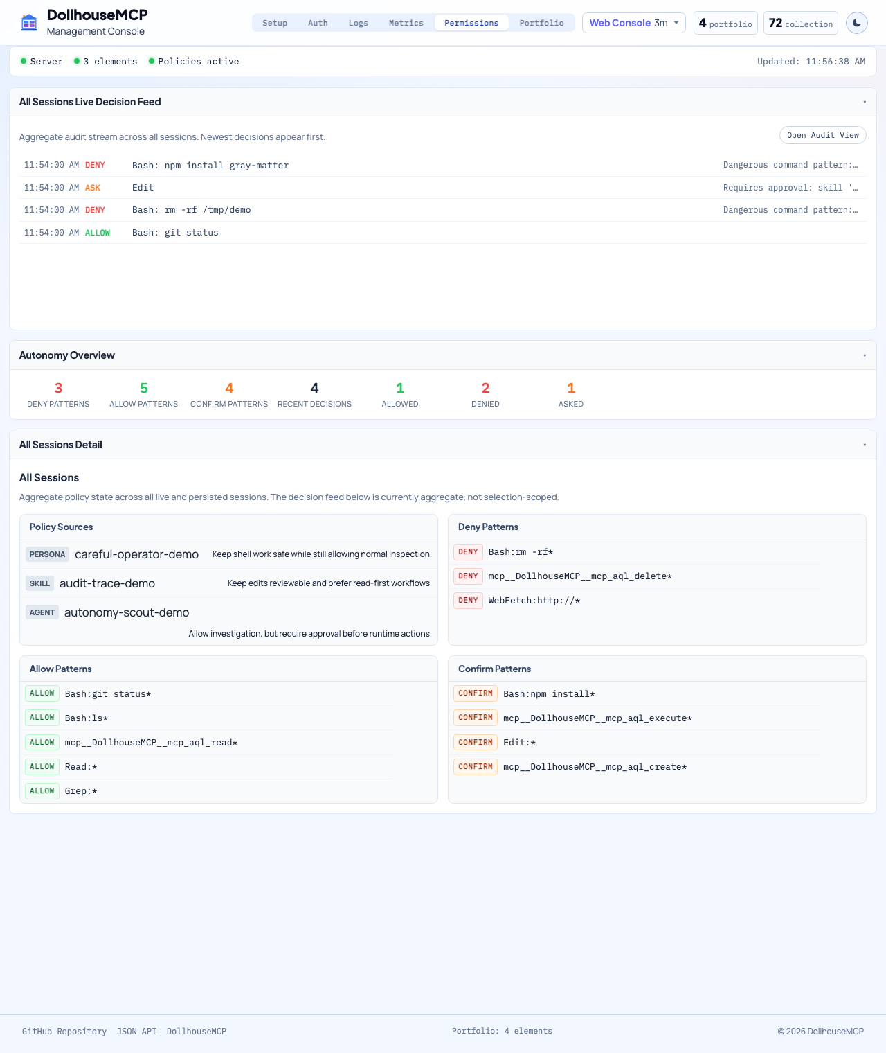 DollhouseMCP permissions tab showing active policy sources, allow and deny and confirm patterns, and a live decision feed.