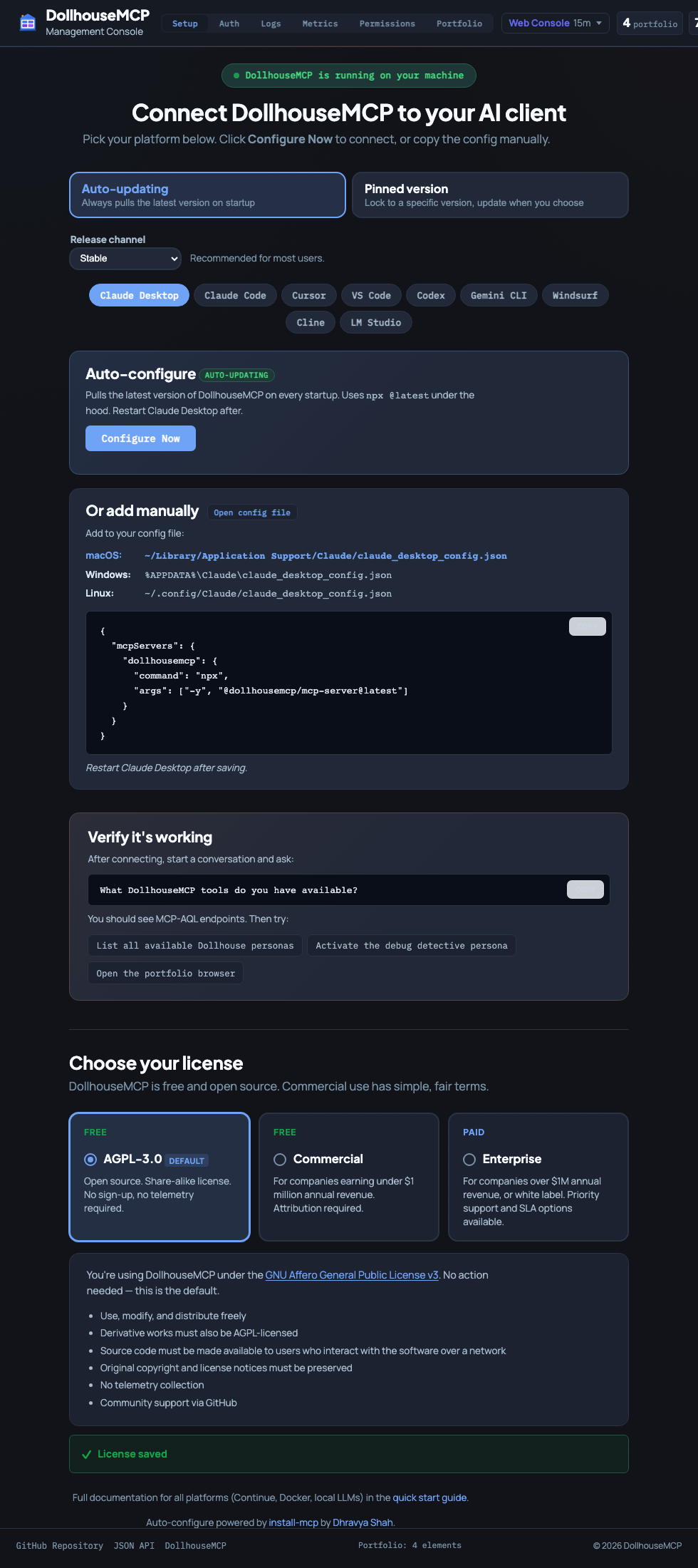 DollhouseMCP setup tab