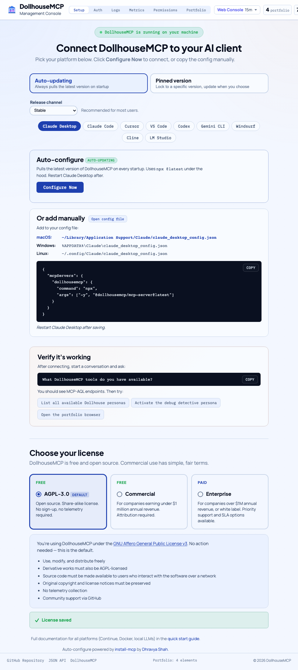 DollhouseMCP setup tab